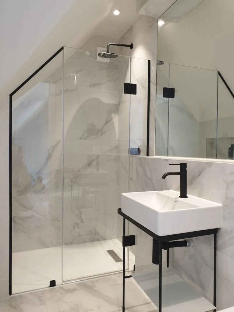 glass door black and white shower